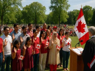 Cérémonie de citoyenneté canadienne en plein air au parc Assiniboine à Winnipeg, où un groupe diversifié de nouveaux citoyens lève la main droite et tient des drapeaux du Canada pendant qu’un juge prononce le serment de citoyenneté devant une grande assemblée.