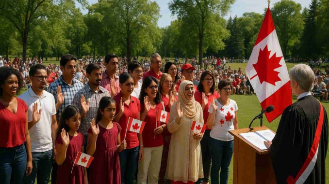 citizenship_ceremony_final_80kb مراسم منح الجنسية الكندية في الهواء الطلق في حديقة أسينيبوين بمدينة وينيبيغ، يظهر فيها مجموعة متنوعة من الأشخاص يرفعون أيديهم اليمنى ويؤدون القسم، وهم يحملون أعلام كندا الصغيرة، أمام قاضٍ كندي يقف بجانب منصة وخلفه العلم الكندي، وسط حضور جماهيري كبير.