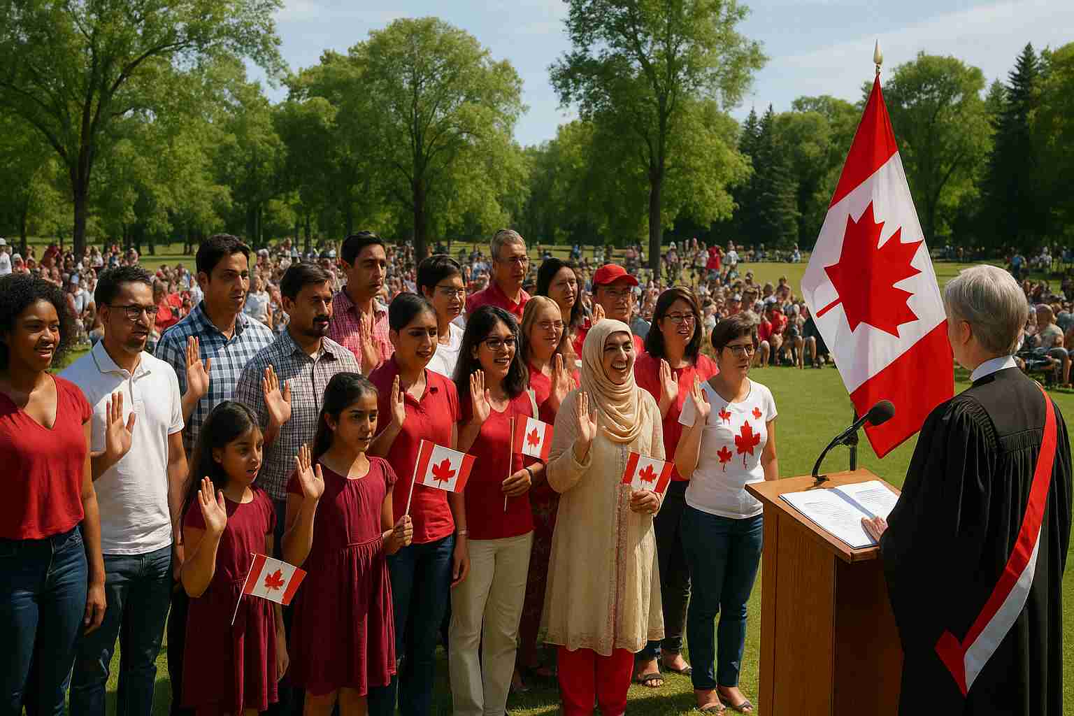 Ceremonia de ciudadanía canadiense al aire libre en Assiniboine Park, Winnipeg, donde un grupo diverso de nuevos ciudadanos jura lealtad a Canadá frente a una multitud, con banderas canadienses y un juez en un podio.