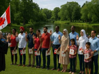 A diverse group of immigrants stands outdoors in a line, raising their right hands as they take the Canadian Oath of Citizenship in front of an officiant. They hold small Canadian flags and certificates, with a scenic park, pond, and trees in the background. The ceremony takes place on a sunny day in Winnipeg’s Assiniboine Park.