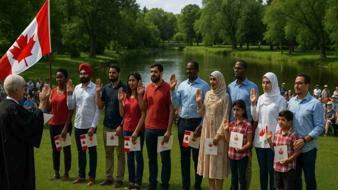 converted_image_final_80kb A diverse group of immigrants stands outdoors in a line, raising their right hands as they take the Canadian Oath of Citizenship in front of an officiant. They hold small Canadian flags and certificates, with a scenic park, pond, and trees in the background. The ceremony takes place on a sunny day in Winnipeg’s Assiniboine Park.