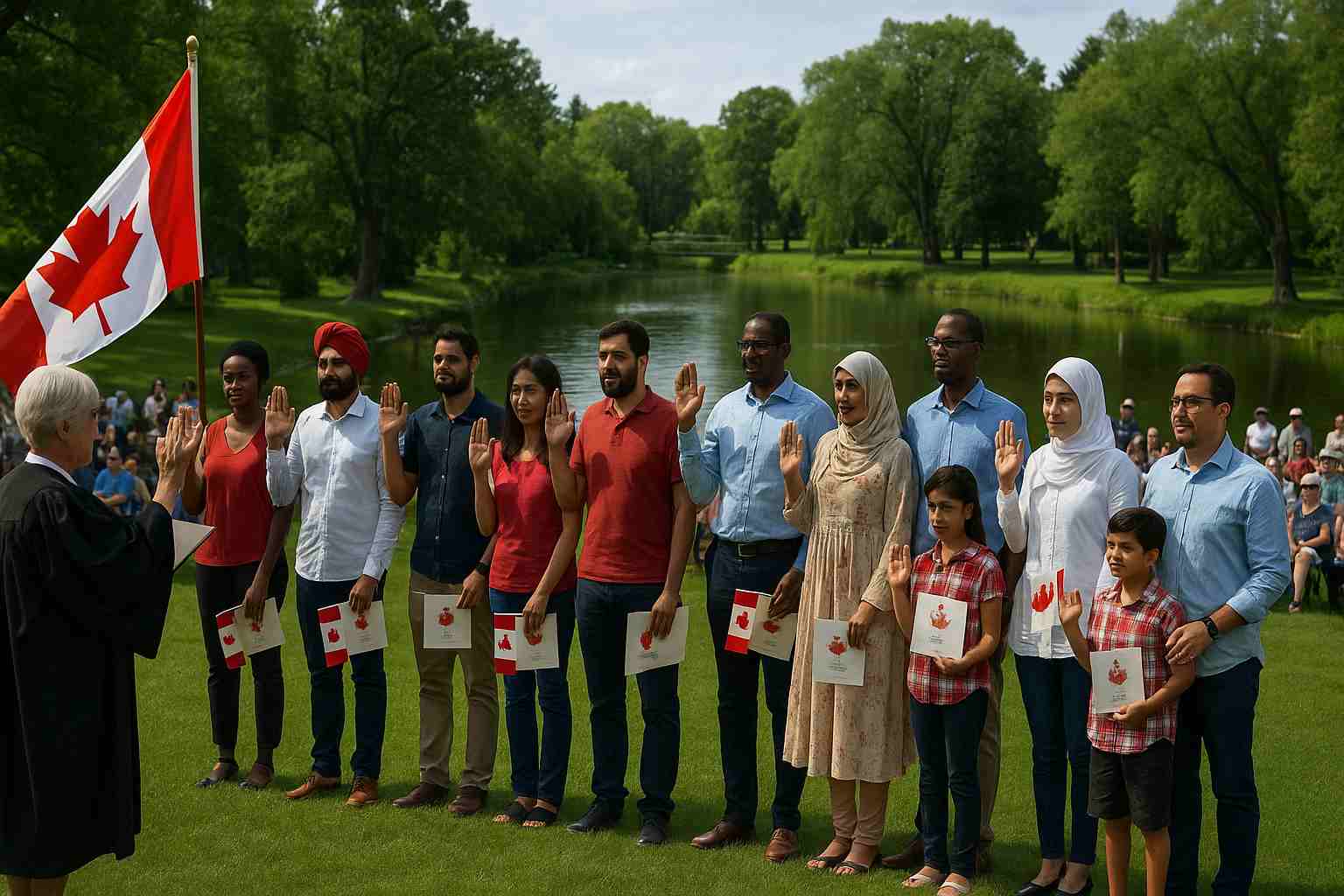 A diverse group of immigrants stands outdoors in a line, raising their right hands as they take the Canadian Oath of Citizenship in front of an officiant. They hold small Canadian flags and certificates, with a scenic park, pond, and trees in the background. The ceremony takes place on a sunny day in Winnipeg’s Assiniboine Park.